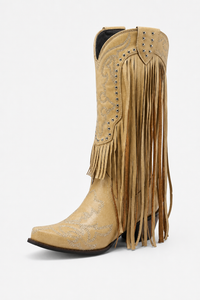 Bottes Santiags en Daim Beige à Franges et Clous