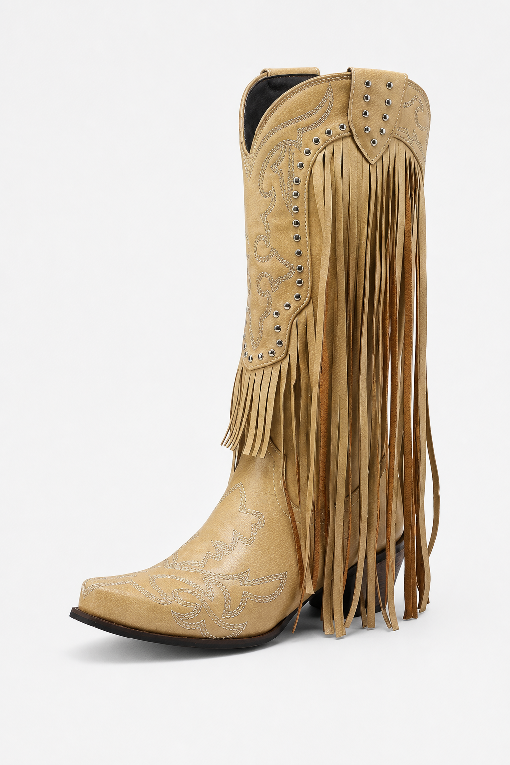 Bottes Santiags en Daim Beige à Franges et Clous