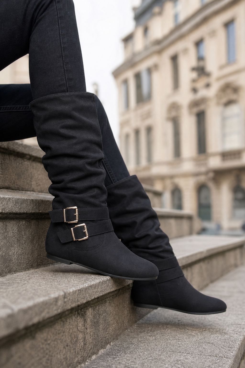 Bottes sans Talon en Daim Noir Plissée à Boucles Dorées