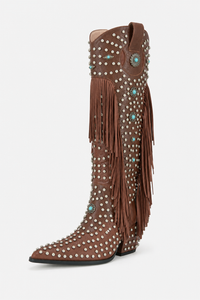 Bottes Santiags Cloutées Marron à Franges et Turquoise