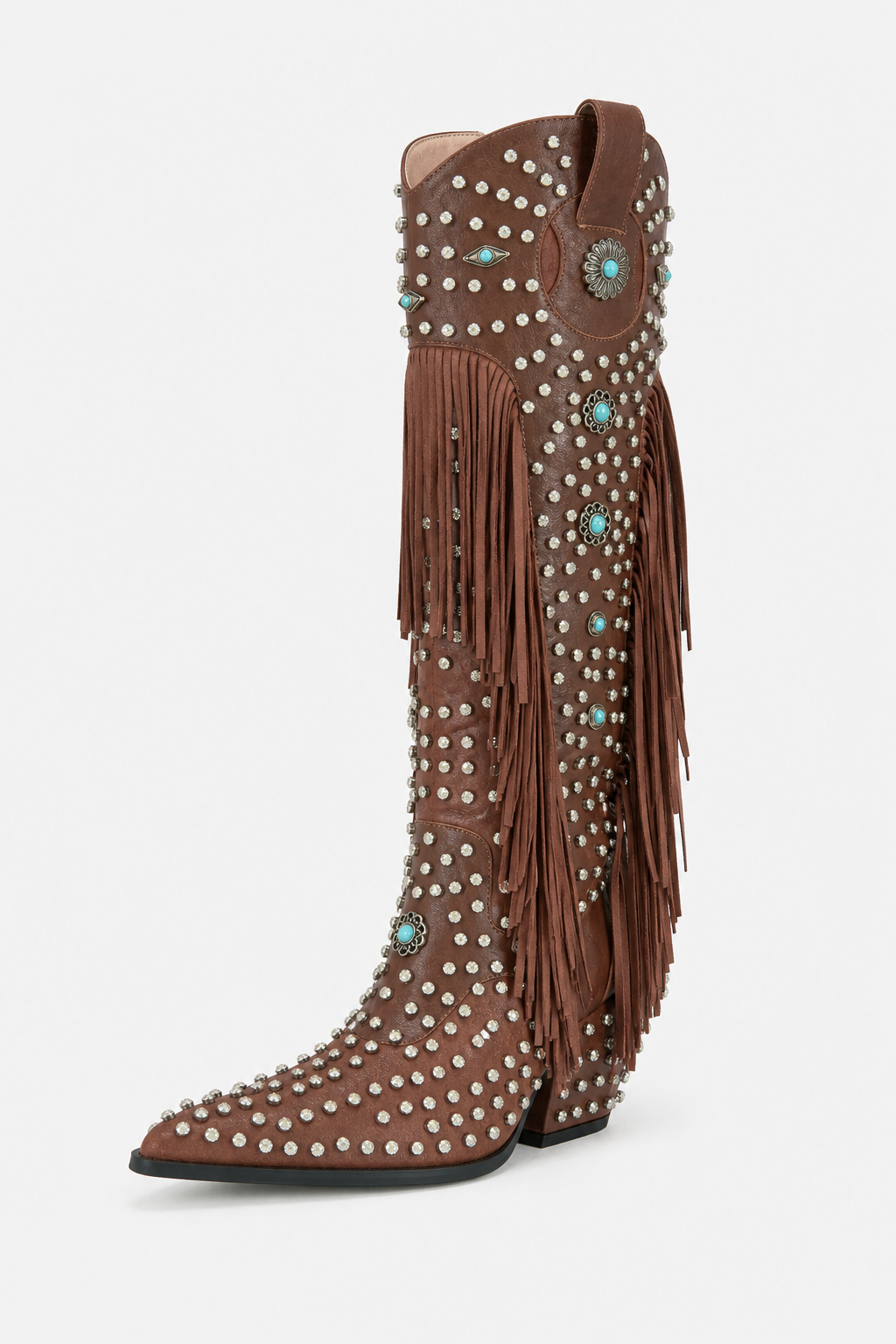 Bottes Santiags Cloutées Marron à Franges et Turquoise