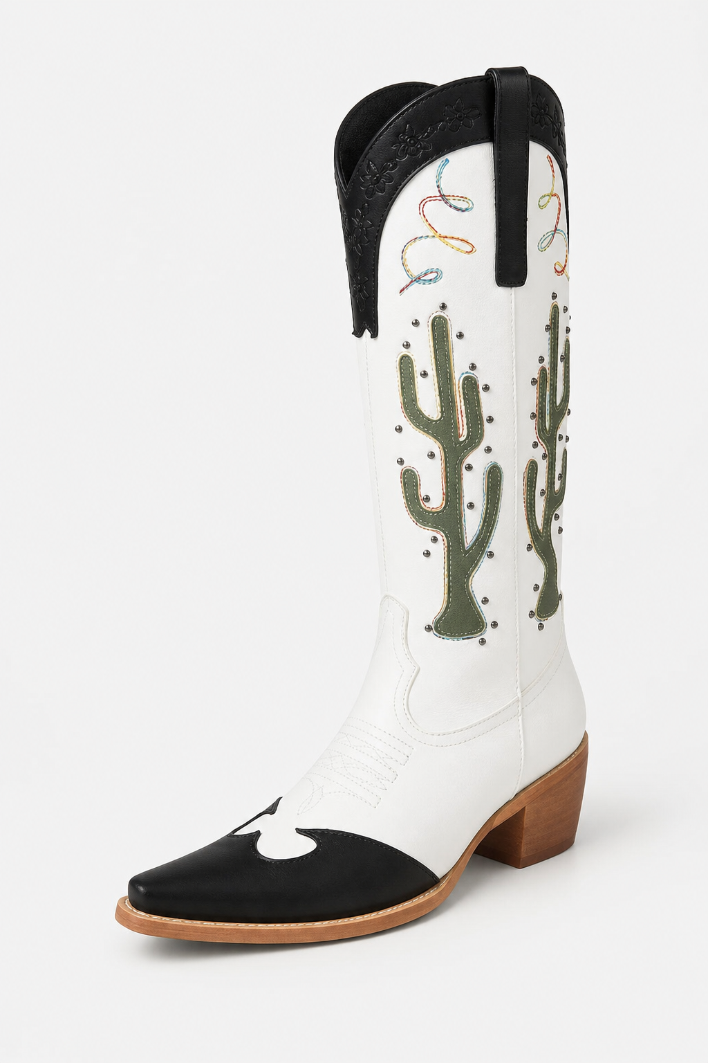 Bottes Santiags Blanches et Noires à Motifs Cactus