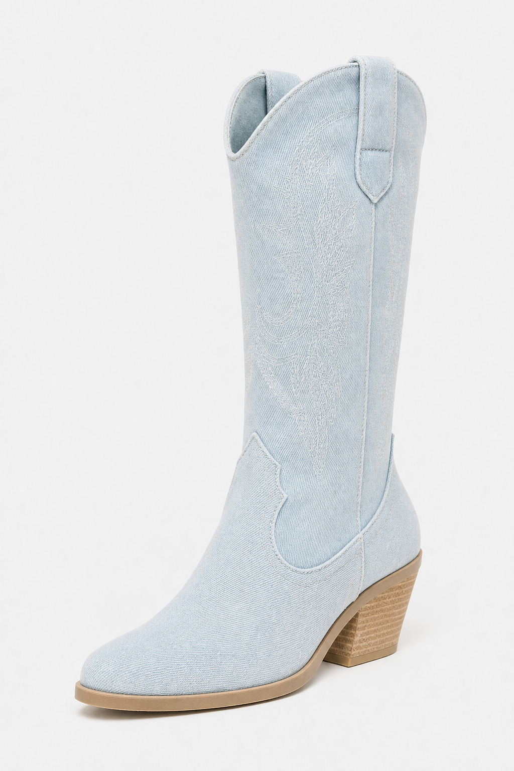Bottes Santiags en Denim Bleu Clair Brodé à Talon 5cm