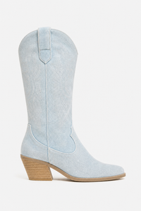 Bottes Santiags en Denim Bleu Clair Brodé à Talon 5cm