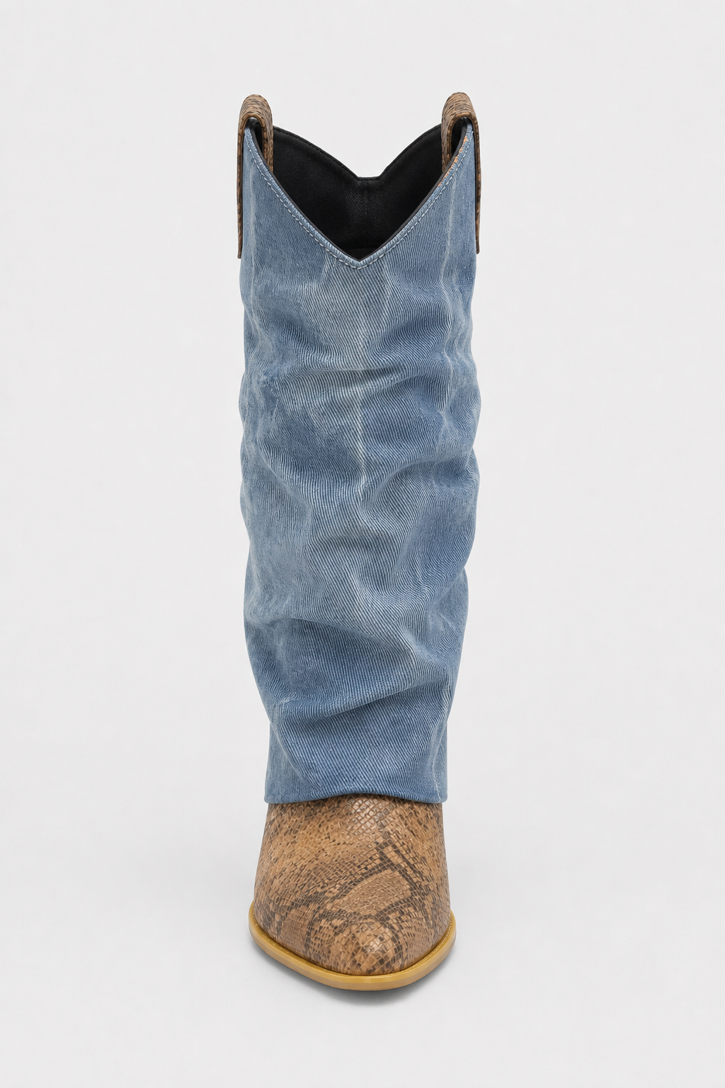 Bottes Santiags Plissées en Jean Délavé et Serpent