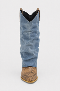 Bottes Santiags Plissées en Jean Délavé et Serpent