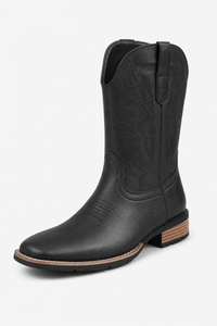 Bottes Santiags en Similicuir Noir à Bout Carré Brodées