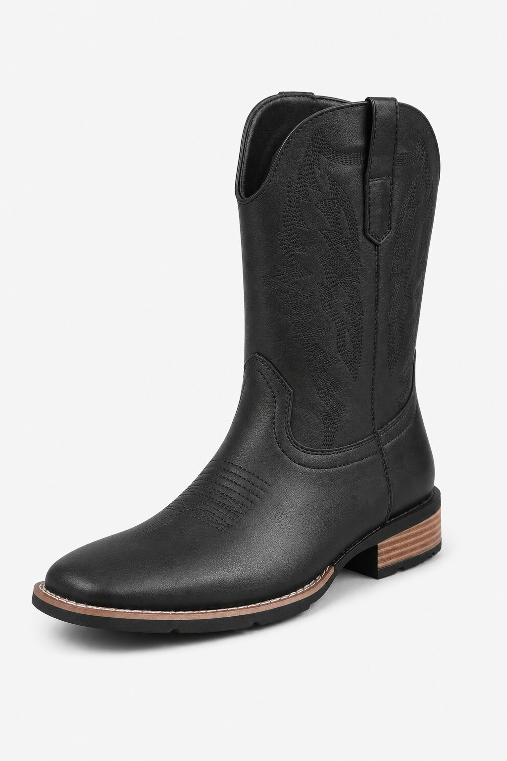 Bottes Santiags en Similicuir Noir à Bout Carré Brodées