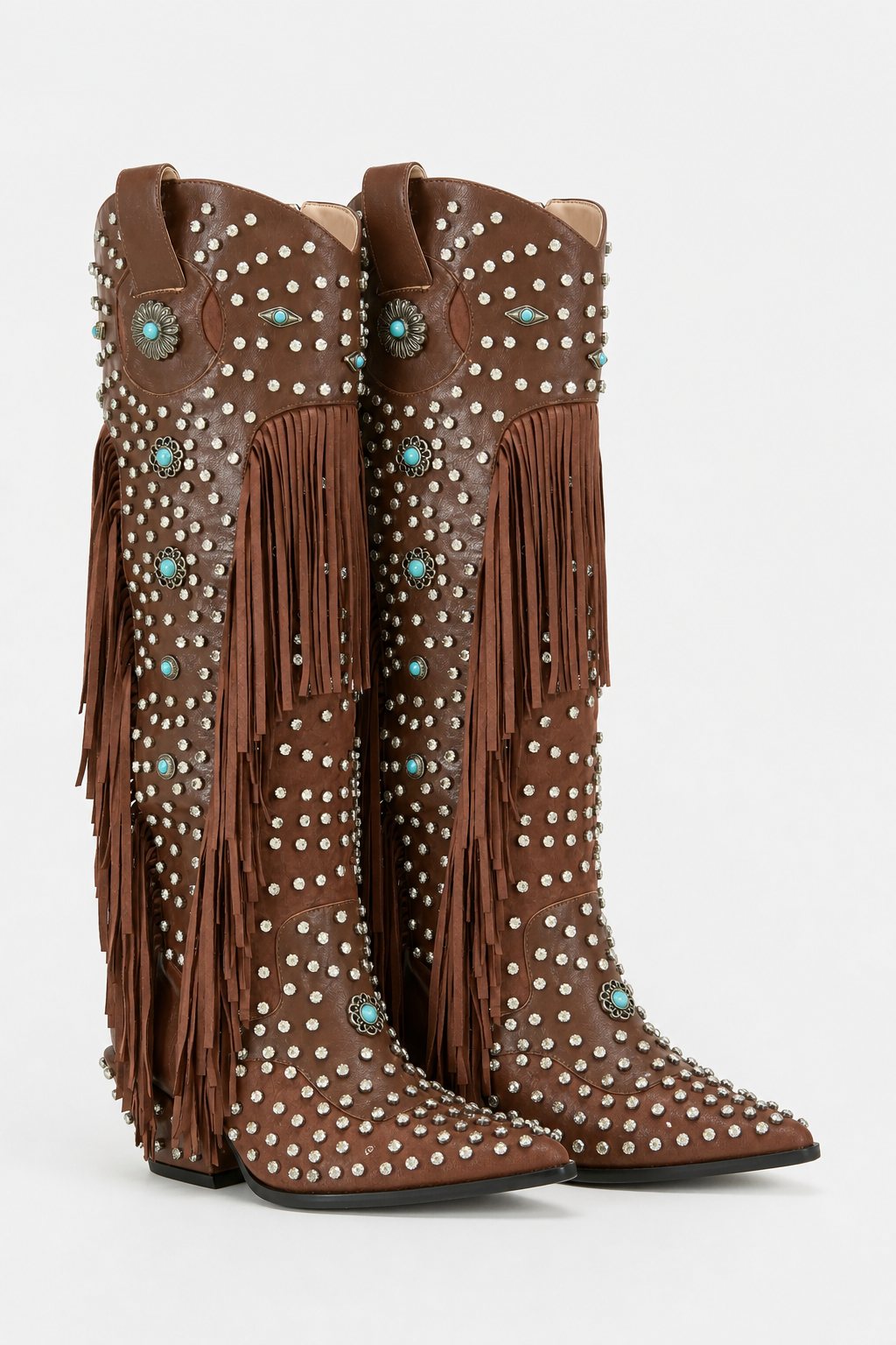 Bottes Santiags Cloutées Marron à Franges et Turquoise