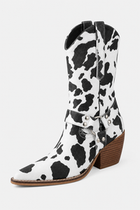 Bottes Santiags Mi-Mollet à Imprimé Vache Noir et Blanc