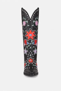 Bottes Santiags Noires à Broderies Étoiles et Fleurs