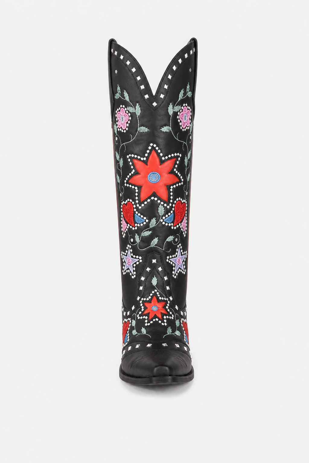 Bottes Santiags Noires à Broderies Étoiles et Fleurs
