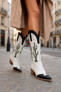 Bottes Santiags Blanches et Noires à Motifs Cactus