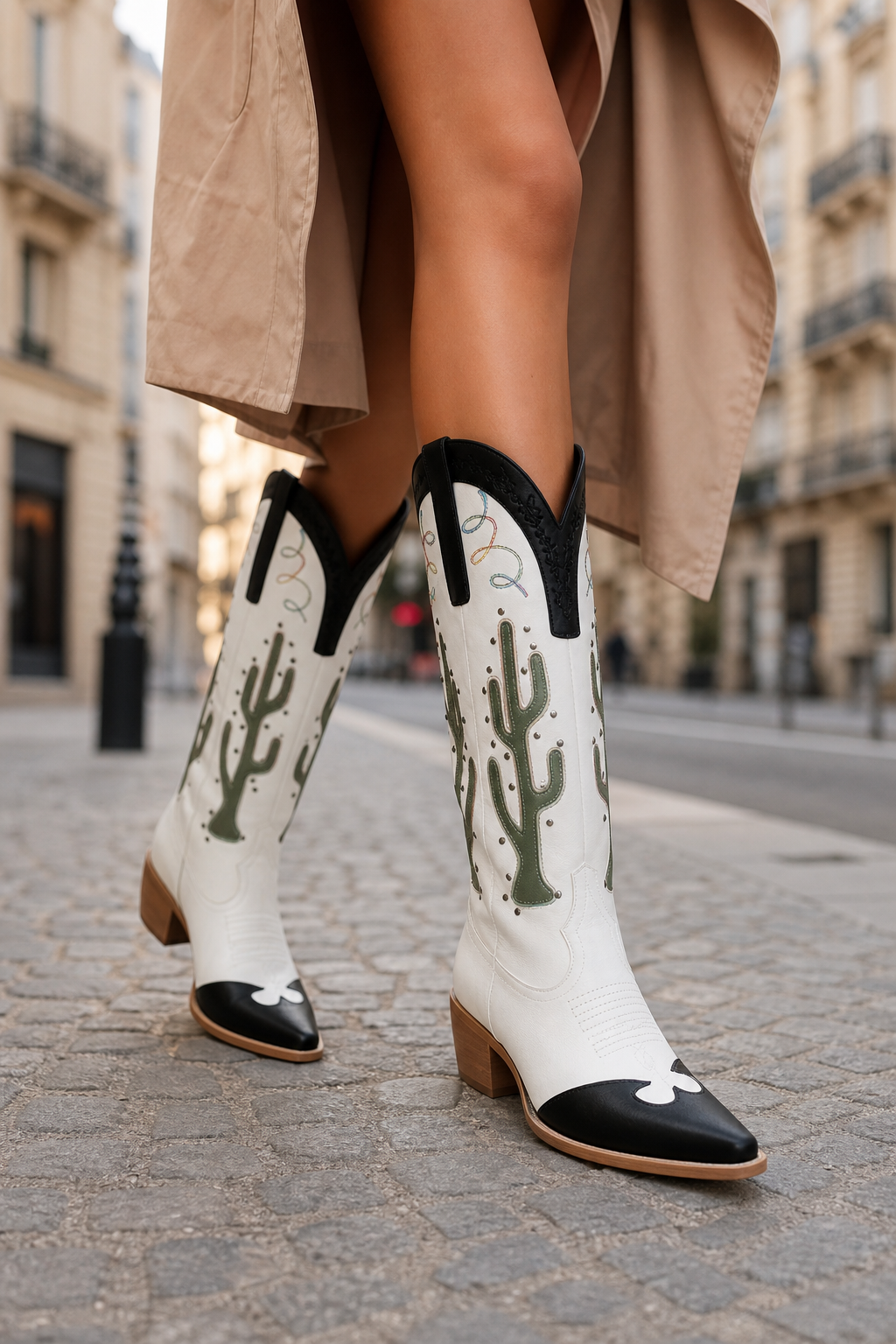Bottes Santiags Blanches et Noires à Motifs Cactus