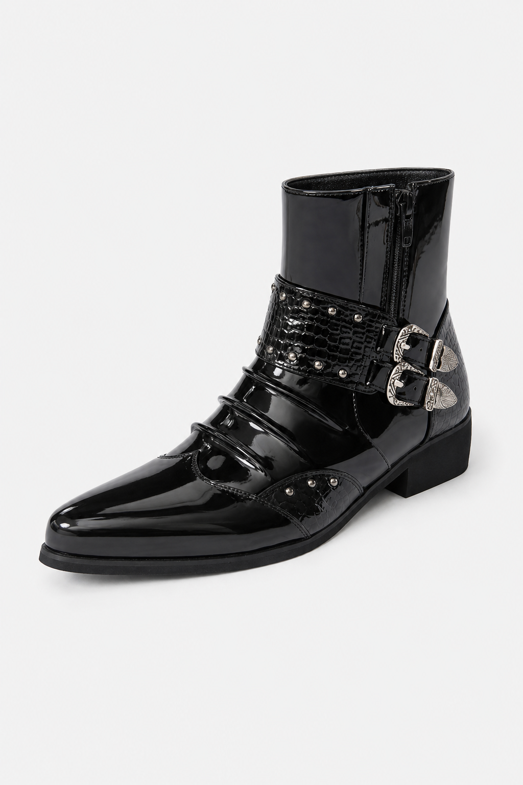 Bottines Homme Noires Vernies à Bout Pointu Croco et Boucle