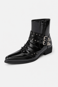 Bottines Homme Noires Vernies à Bout Pointu Croco et Boucle
