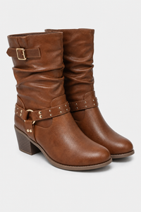 Bottes en Similicuir Marron Cognac Froncées à Clous
