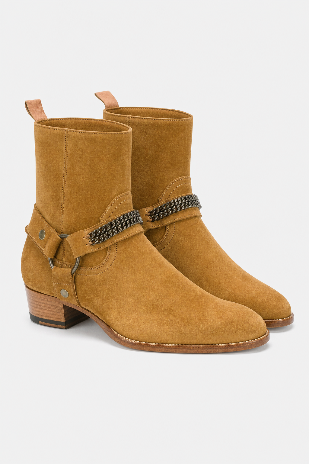 Bottine en Daim Camel à Harnais et Chaîne