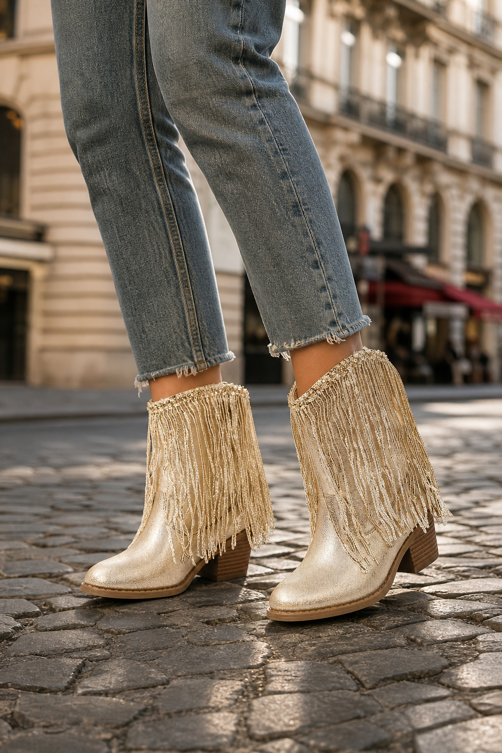Bottines Santiags Dorées à Franges et Paillettes