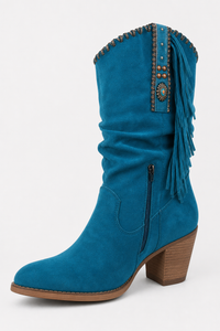 Bottes Froncées en Daim Bleu Canard à Franges