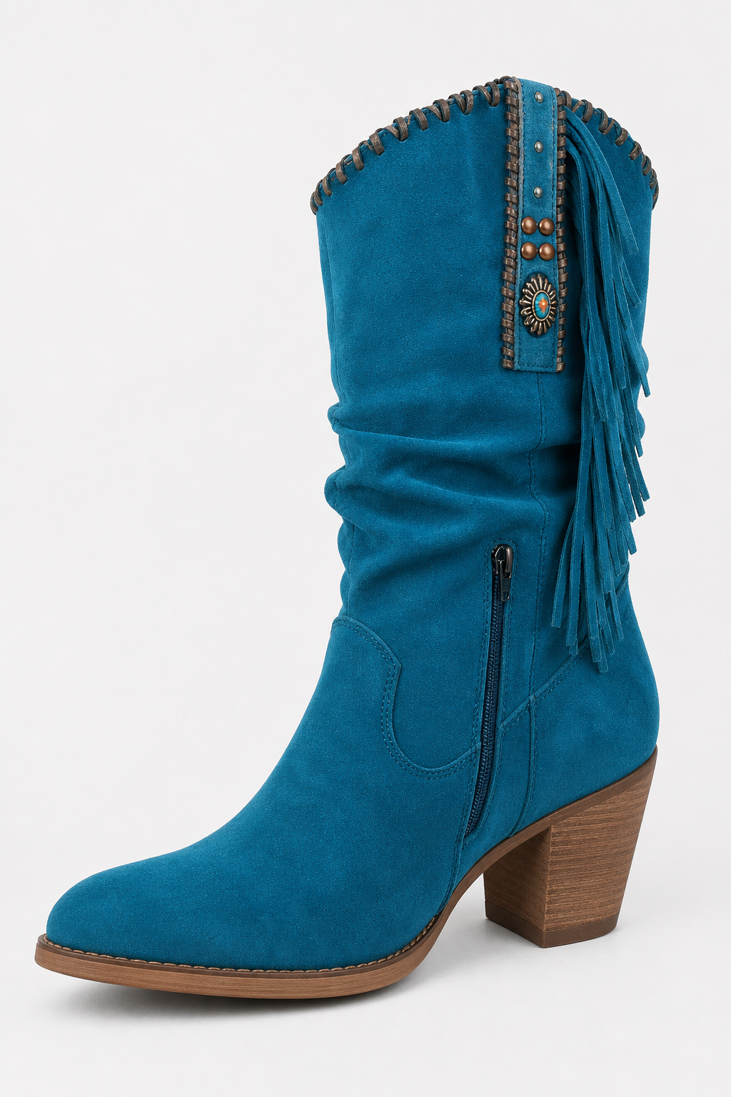 Bottes Froncées en Daim Bleu Canard à Franges