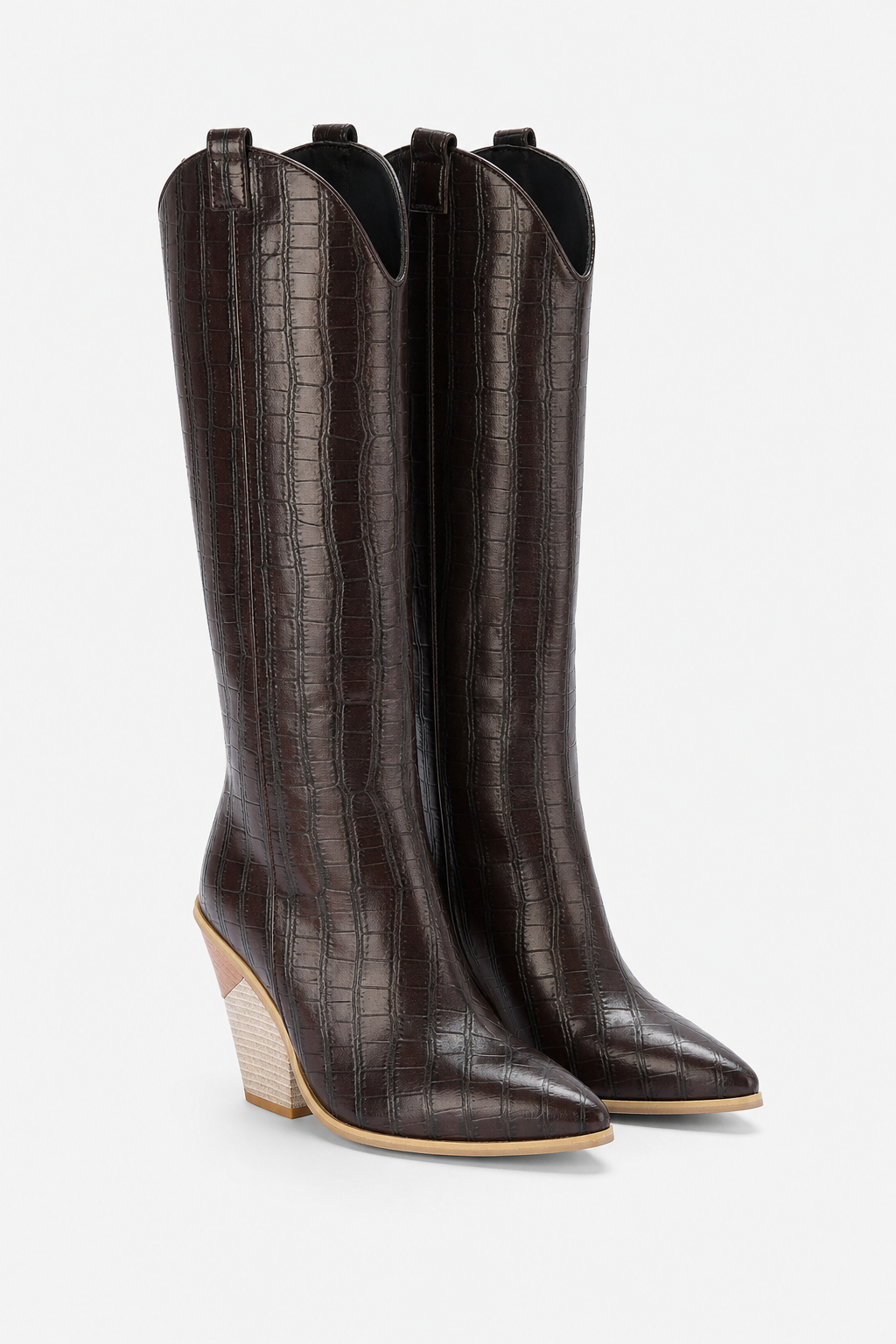 Bottes Hautes Façon Croco Marron et Talon Biseauté