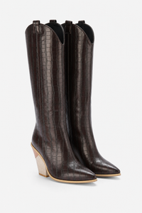 Bottes Hautes Façon Croco Marron et Talon Biseauté