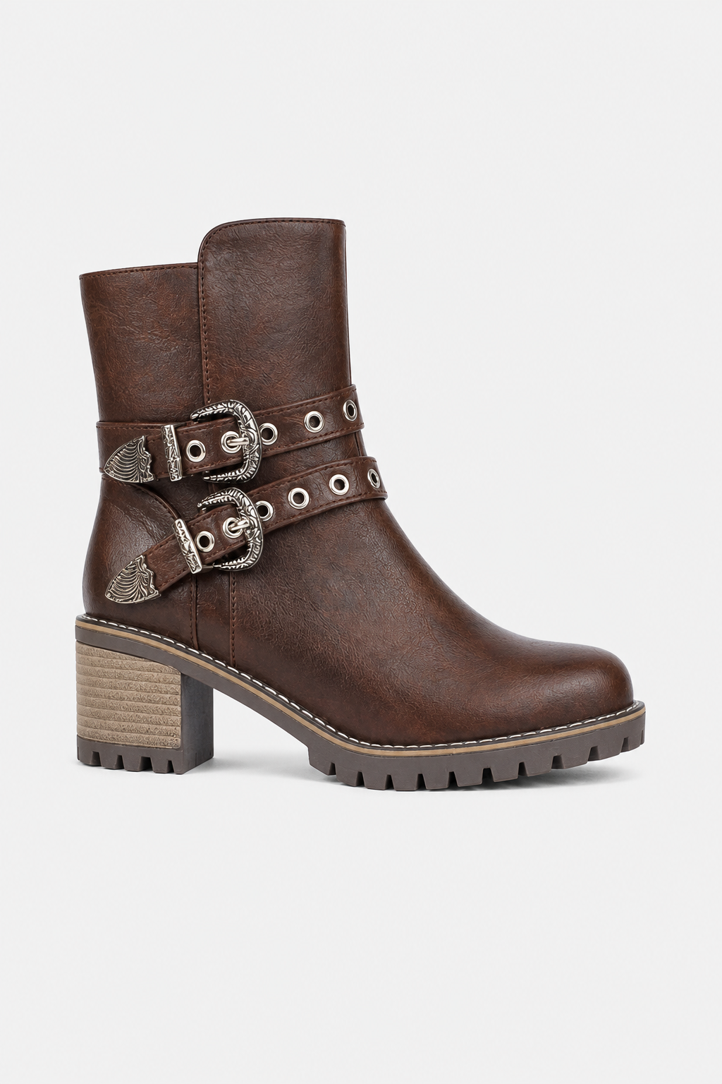 Bottines Biker en Similicuir Marron à Boucles Ornées