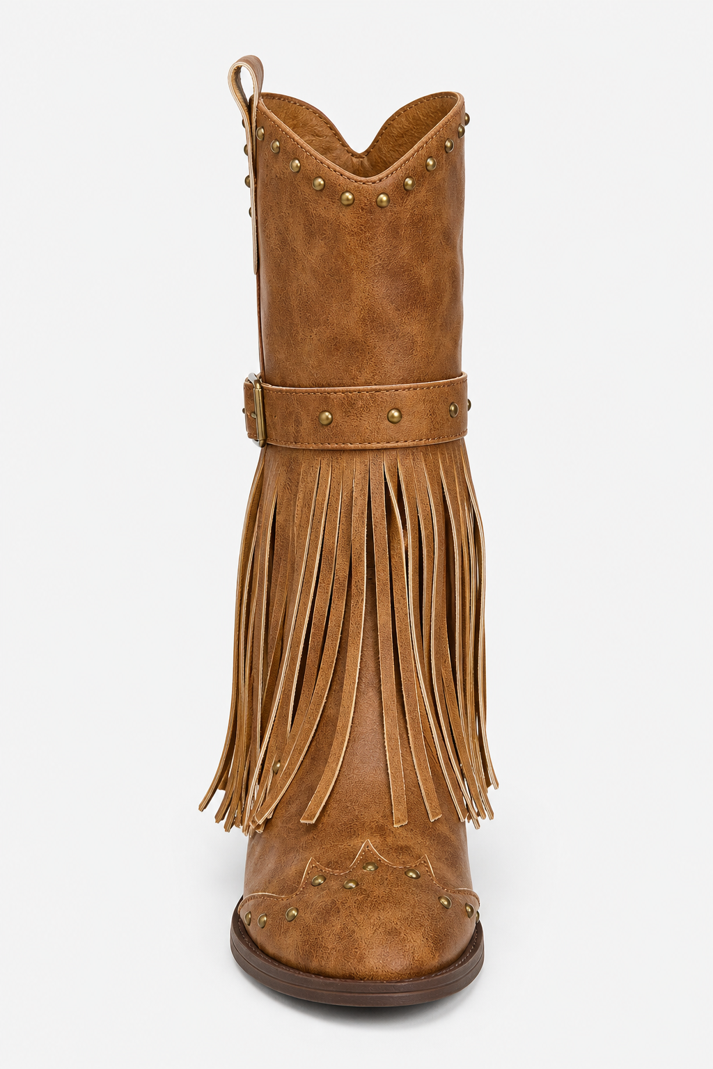 Bottes Santiags en Similicuir Brun à Franges et Clous