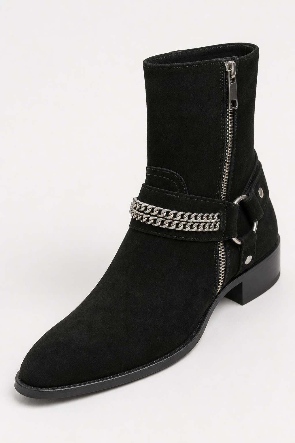 Bottines en Daim Noir à Chaîne et Harnais