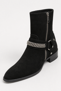 Bottines en Daim Noir à Chaîne et Harnais