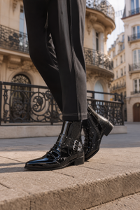 Bottines Homme Noires Vernies à Bout Pointu Croco et Boucle