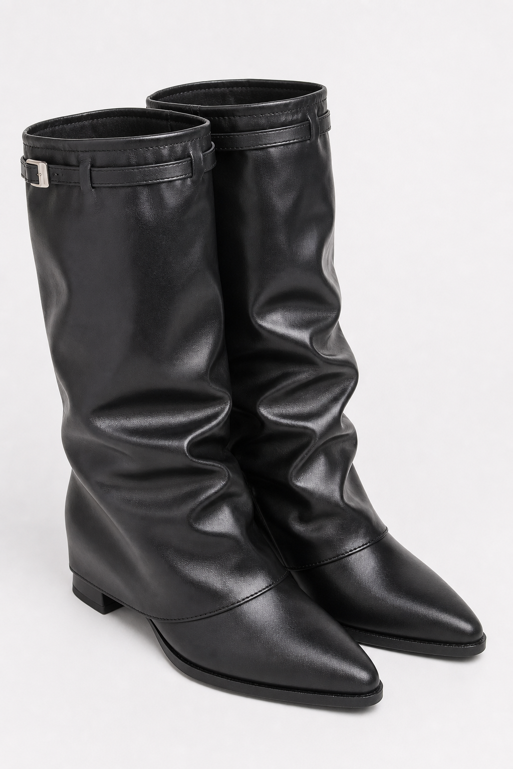 Bottes Plissées en Similicuir Noir à Bout Pointu