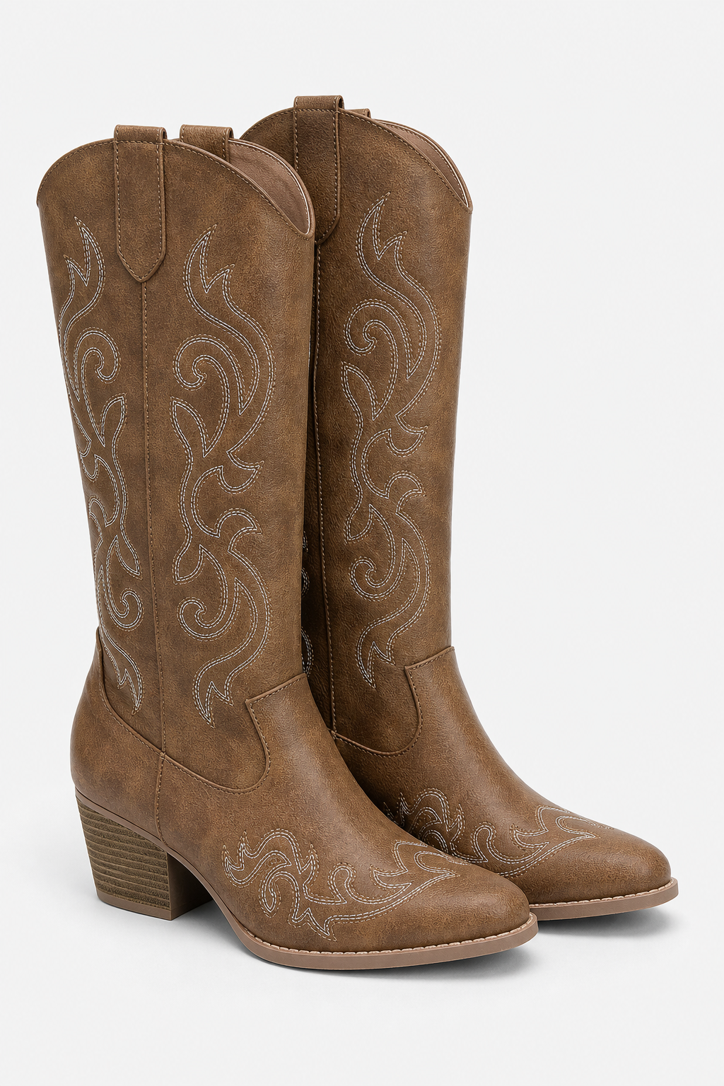 Bottes Santiags Marron en Similicuir à Broderies Blanches