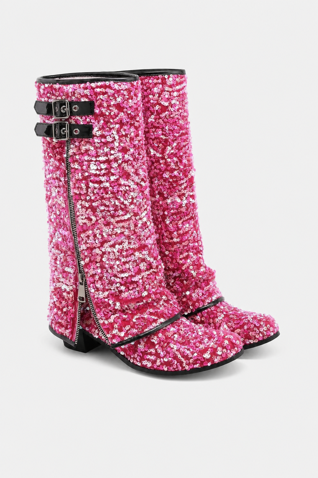 Bottes Santiags Roses Vives à Paillettes et Boucles