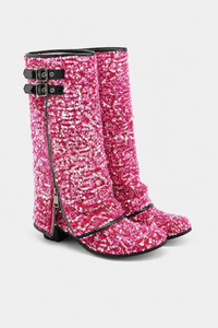 Bottes Santiags Roses Vives à Paillettes et Boucles