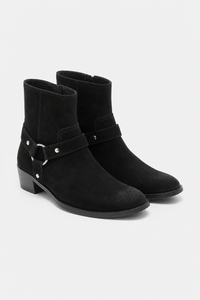 Bottines en Daim Noir à Bride Harnais et Anneau