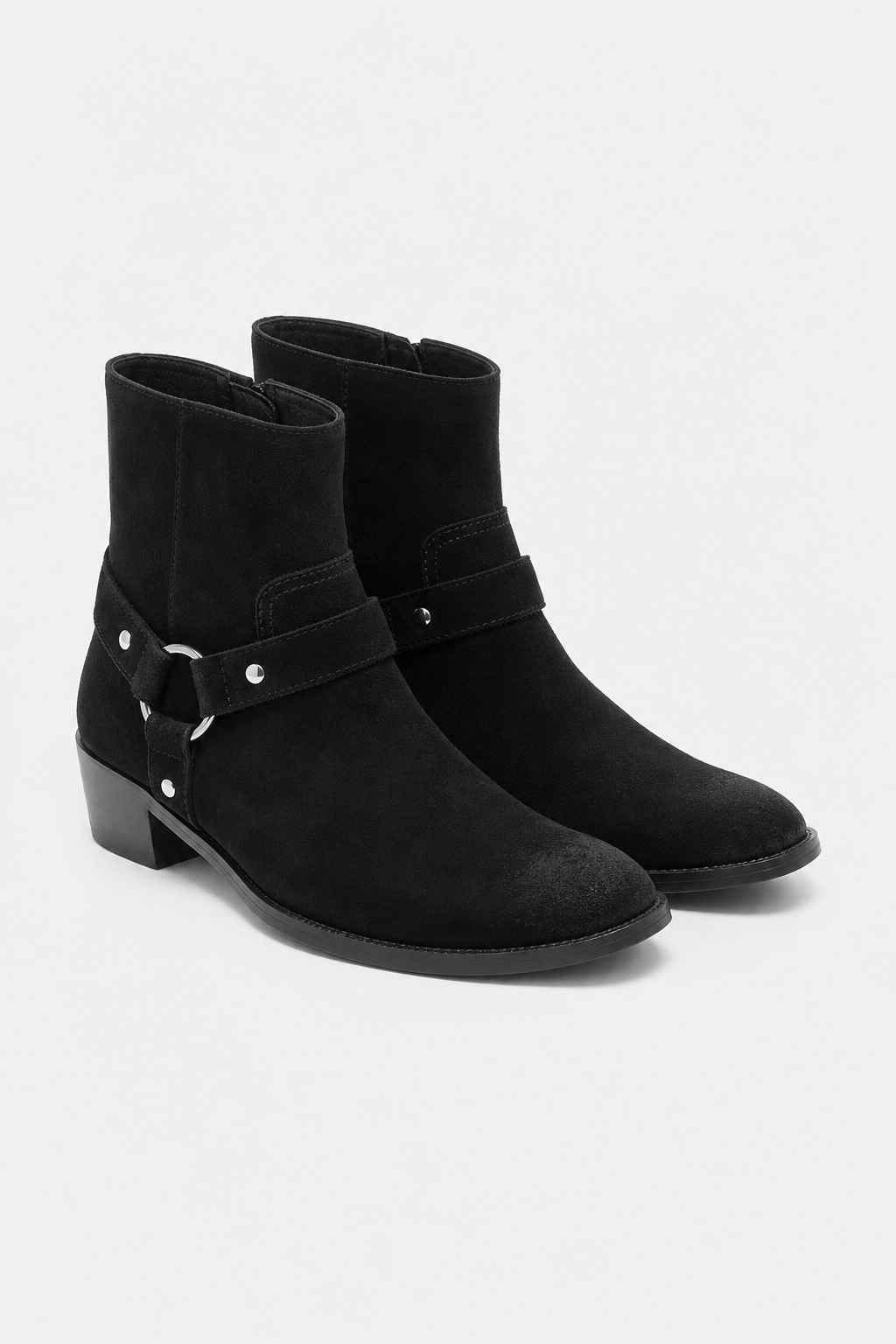 Bottines en Daim Noir à Bride Harnais et Anneau