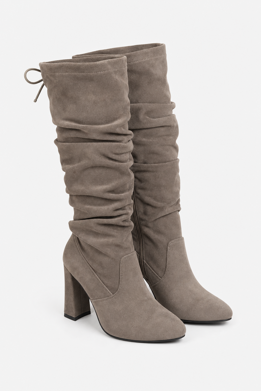 Bottes Cuissardes Froncées en Daim Gris à Talon Bloc