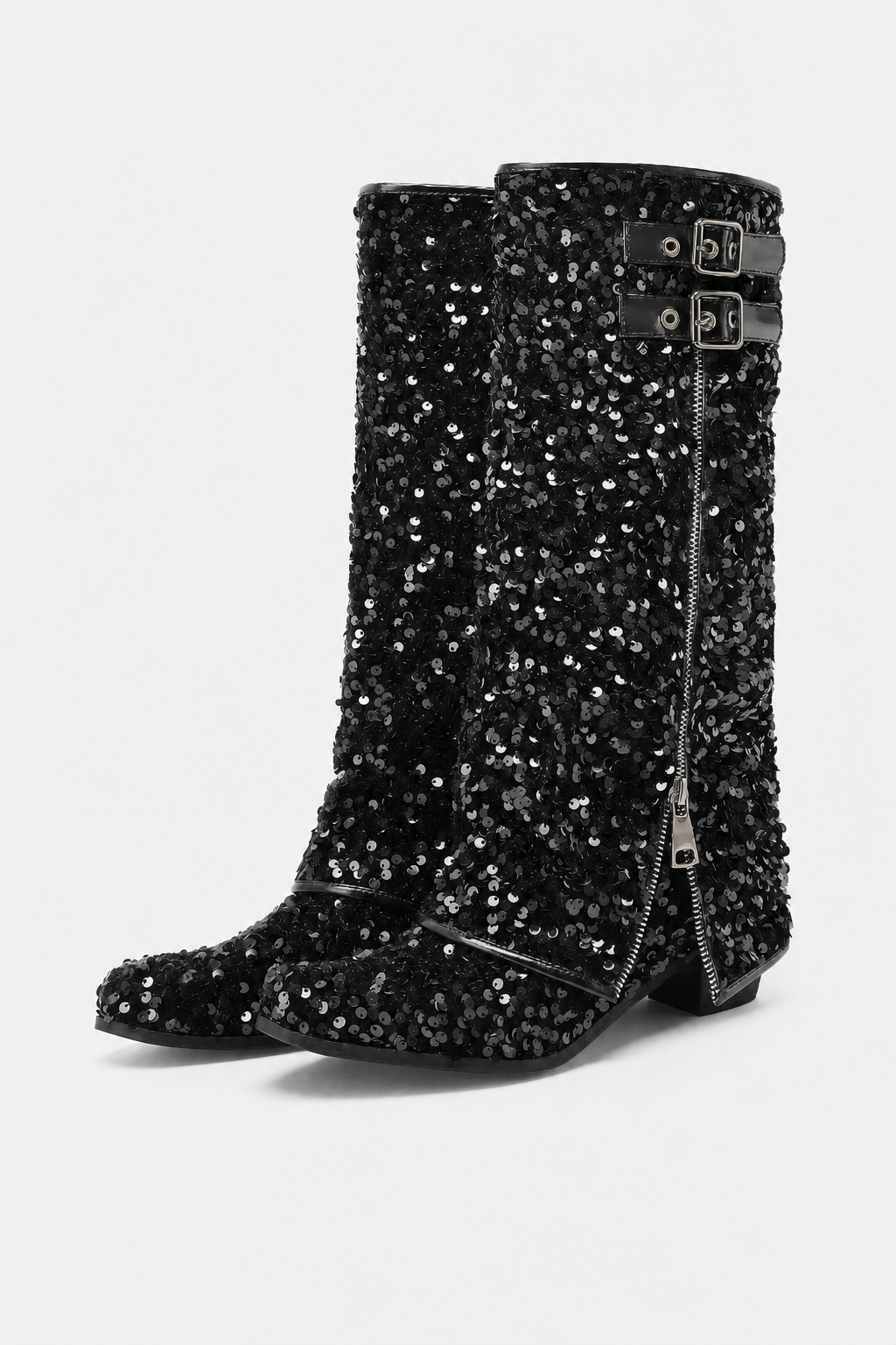 Bottes Santiags Pailletées Noires à Boucles