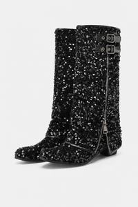 Bottes Santiags Pailletées Noires à Boucles