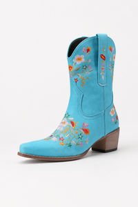 Bottes Santiags en Suédine Bleu Turquoise à Broderies Florales
