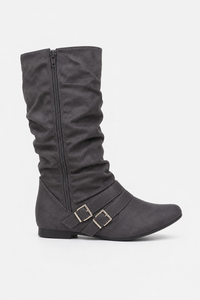 Bottes Plates en Daim Gris Anthracite Fronsées à Boucles