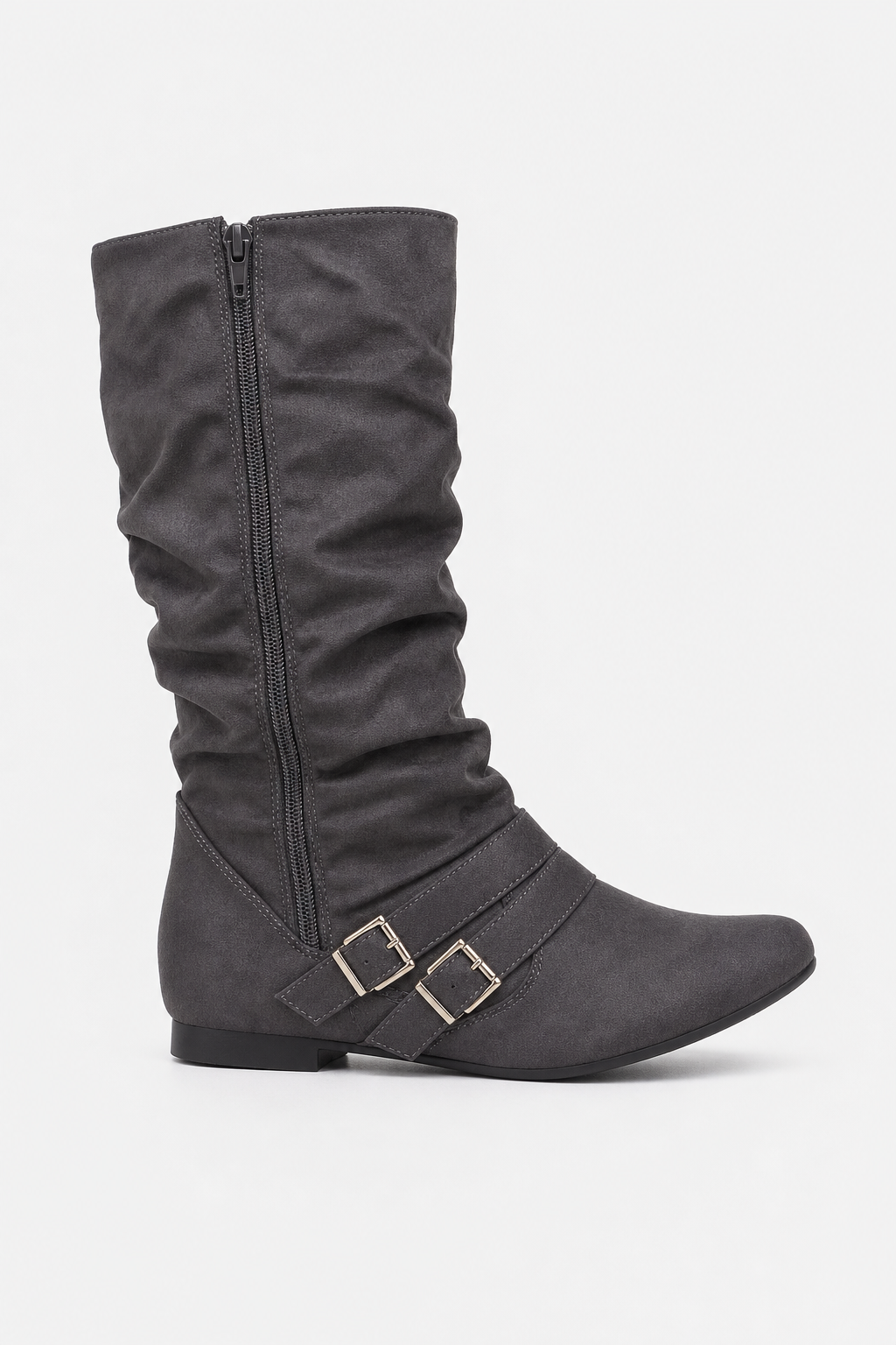 Bottes Plates en Daim Gris Anthracite Fronsées à Boucles