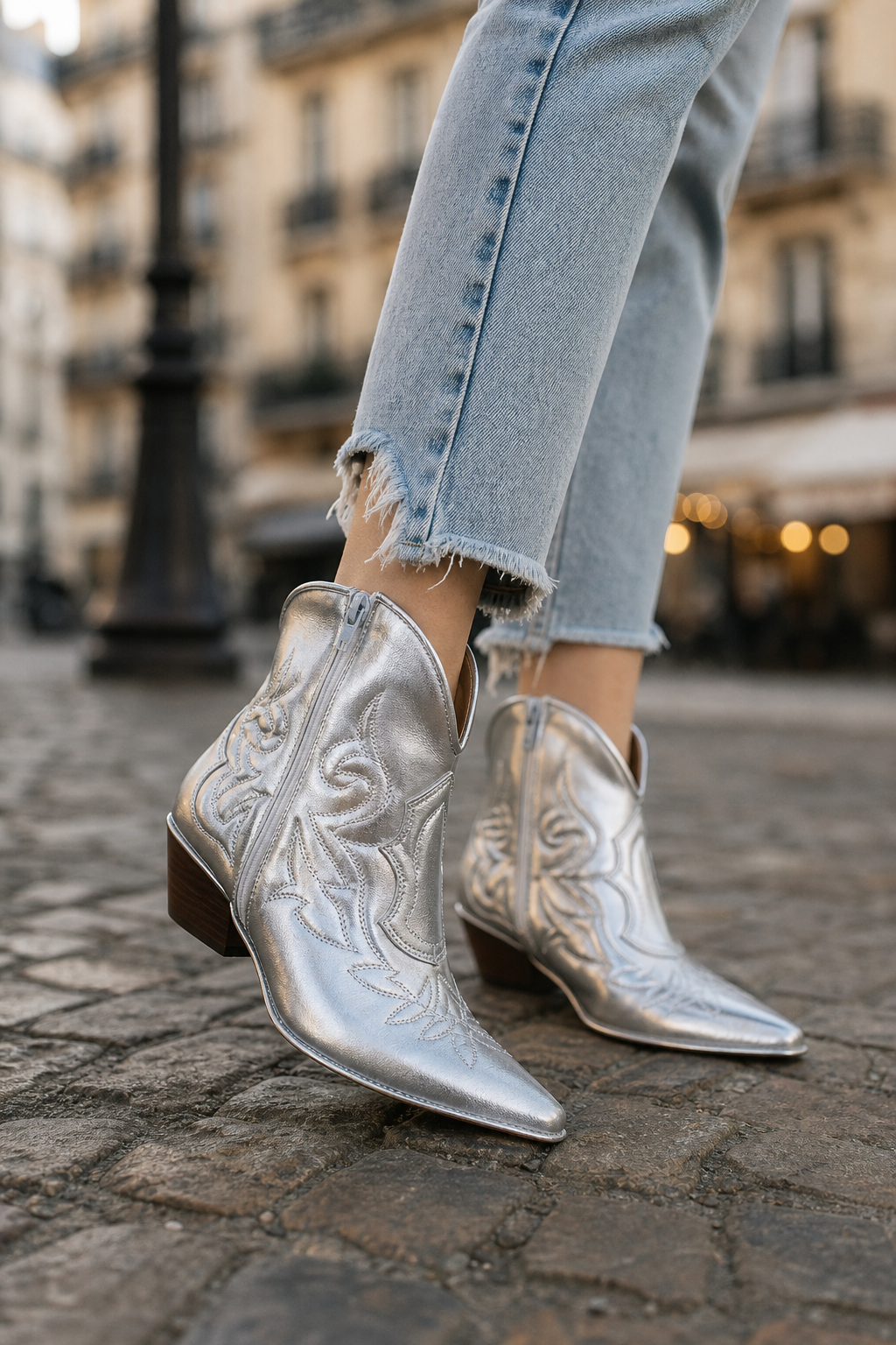 Bottes Santiags Argentées Métallisées à Broderies