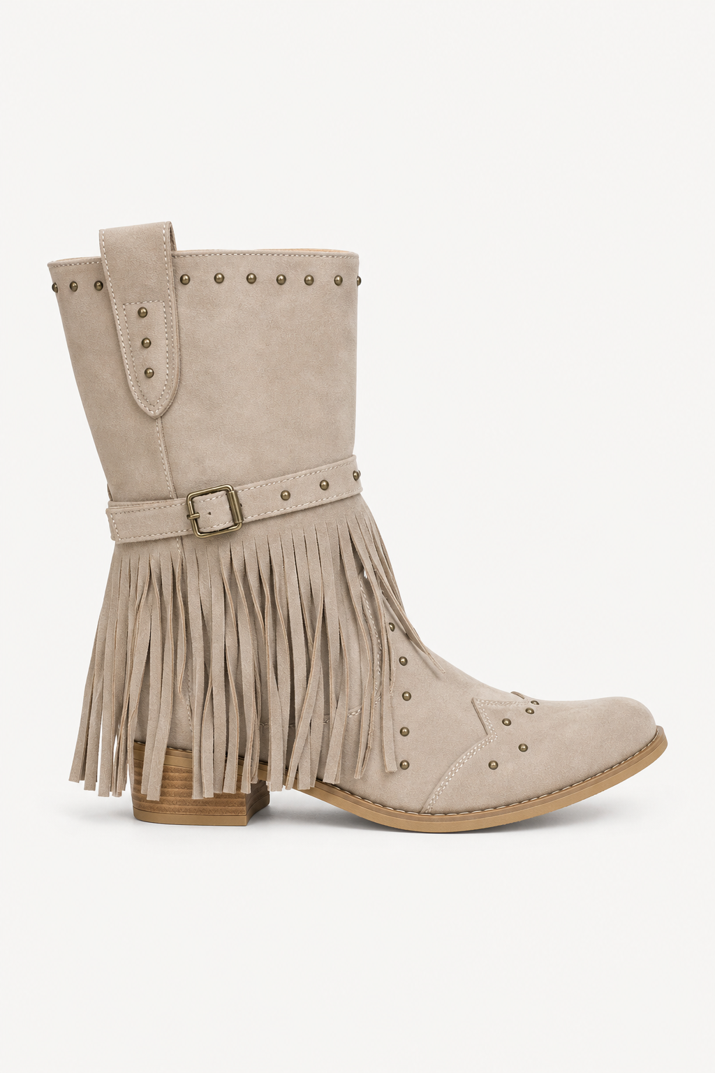Bottines Western en Daim Beige Clair à Franges et Clous