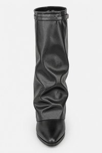 Bottes Plissées en Similicuir Noir à Bout Pointu
