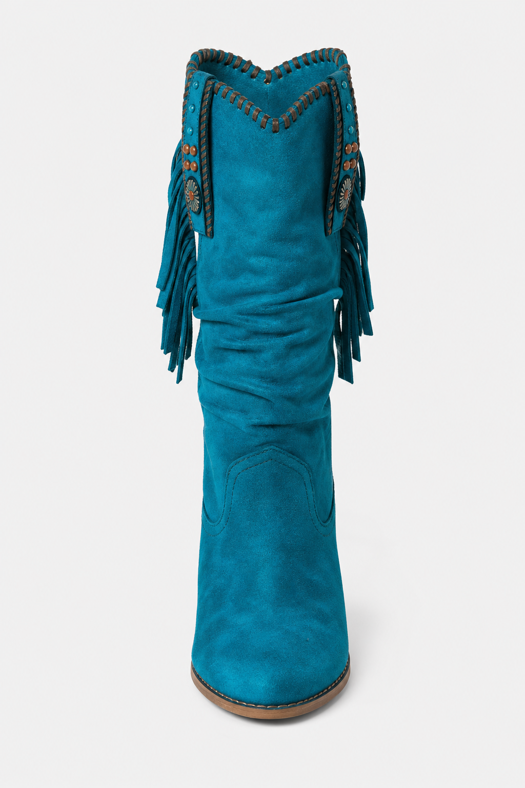 Bottes Froncées en Daim Bleu Canard à Franges