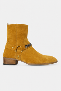 Bottines en Daim Jaune Ocre avec Chaîne et Talon Bloc