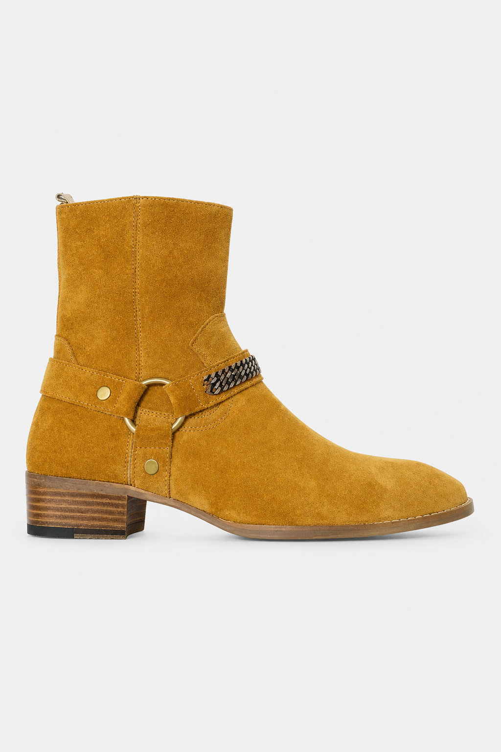Bottines en Daim Jaune Ocre avec Chaîne et Talon Bloc